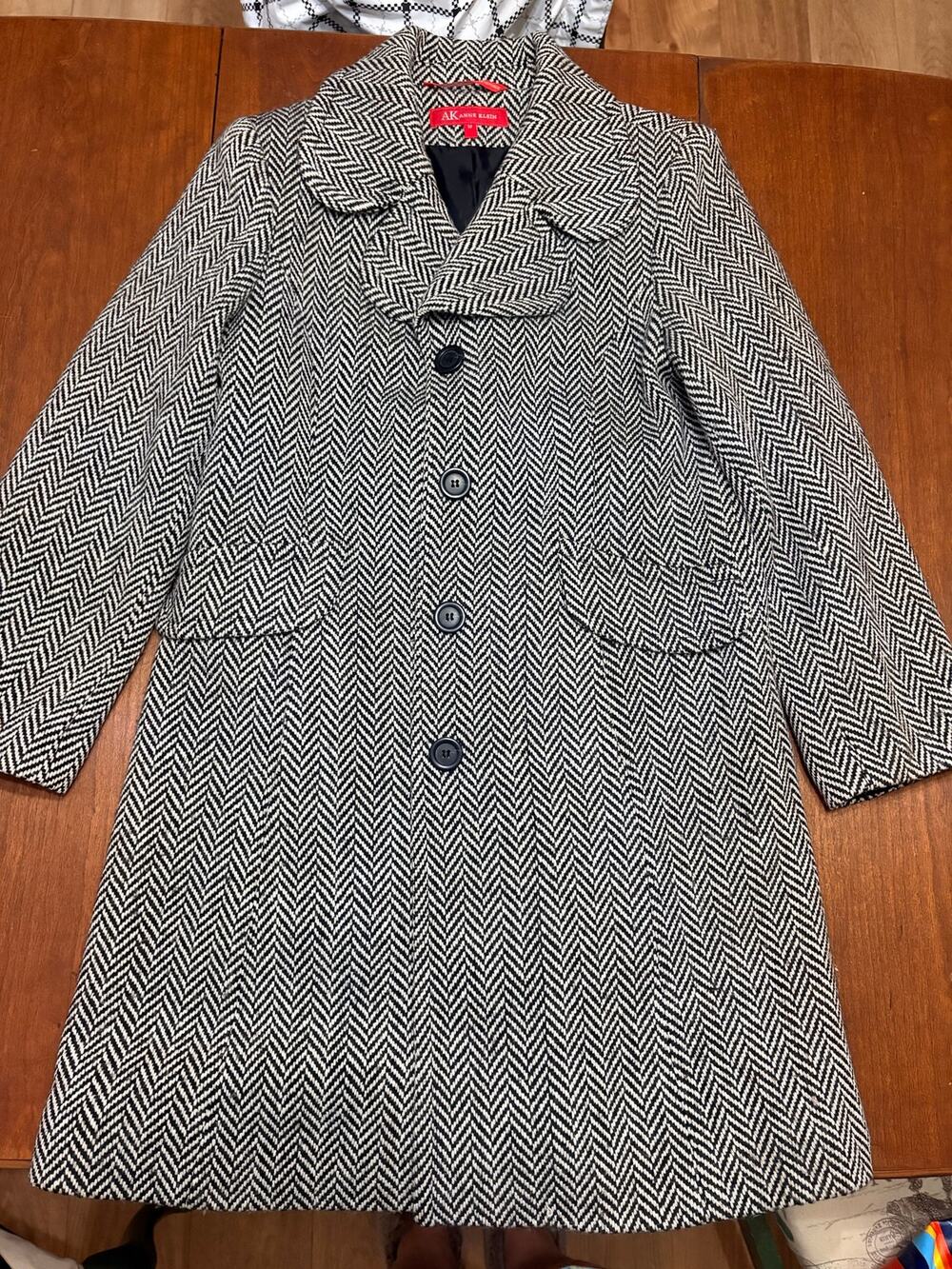 Anne Klein Vintage Wool Blend Herringbone Coat Size 12 Black White Swing Coat